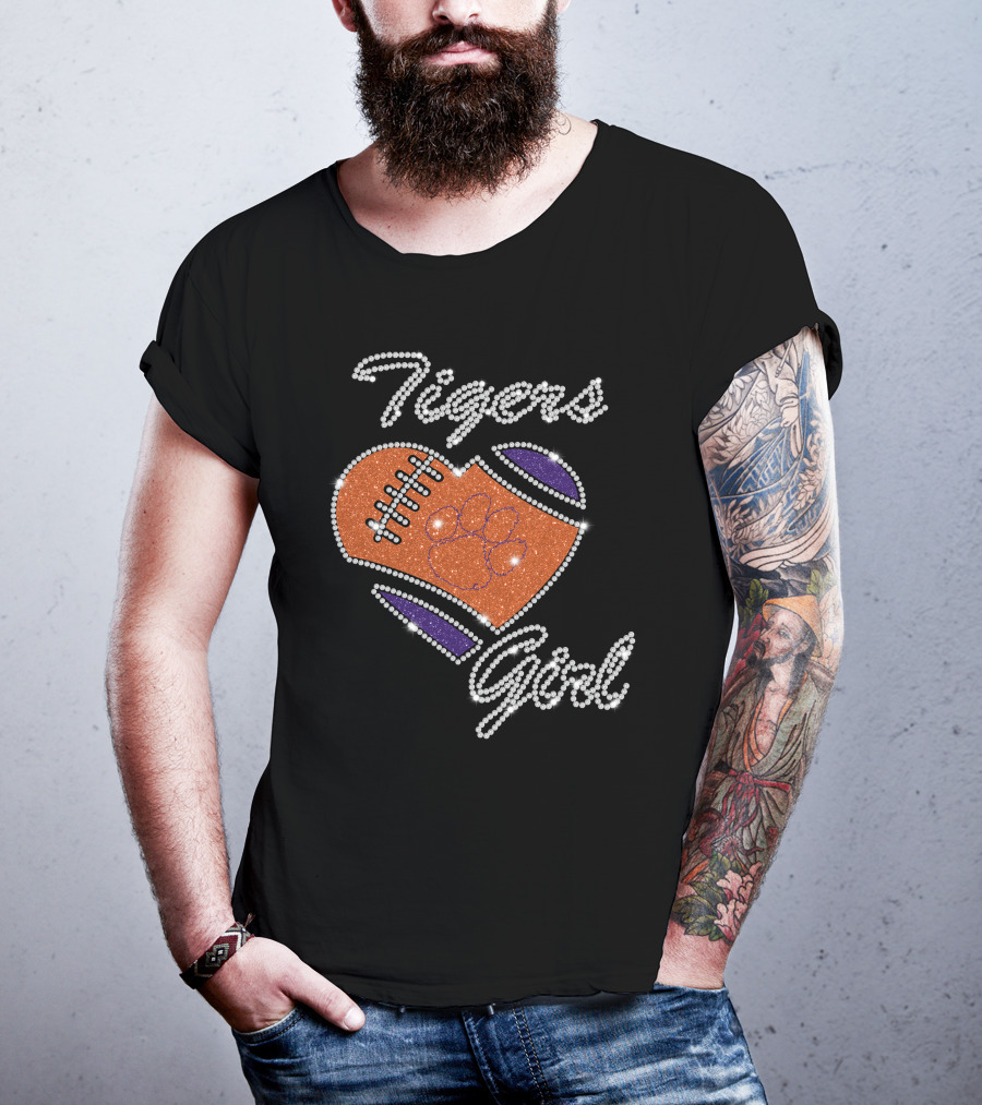 Tigers Girl Heart Football Clemson Paw T-Shirt