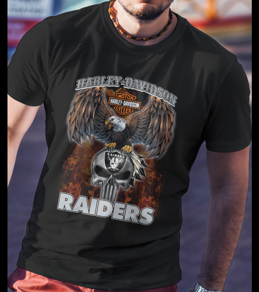 Harley Davidson Motor Cycles Raiders Eagle And Skull T-Shirt
