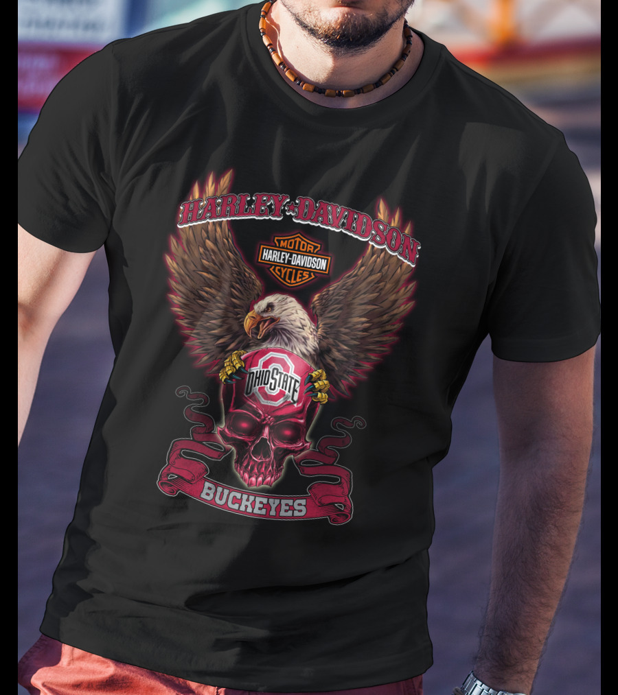Ohio State Buckeyes Harley Davidson Cycles Eagle Skull T-Shirt