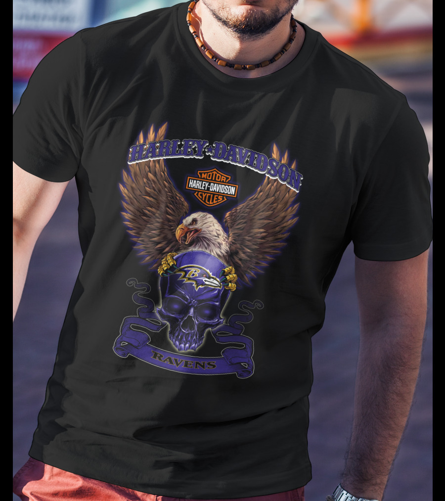 Harley Davidson Motor Cycles Baltimore Ravens Eagle Skull Ravens T-Shirt