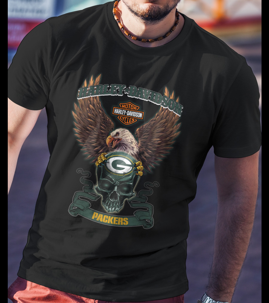 Harley Davidson Green Bay Packers Eagle Skull Motor Cycles T-Shirt