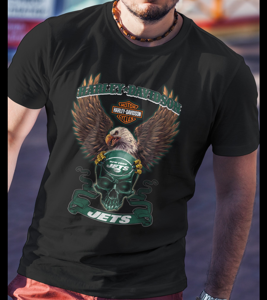 Harley Davidson Motor Cycles New York Jets Eagle Skull Jets T-Shirt