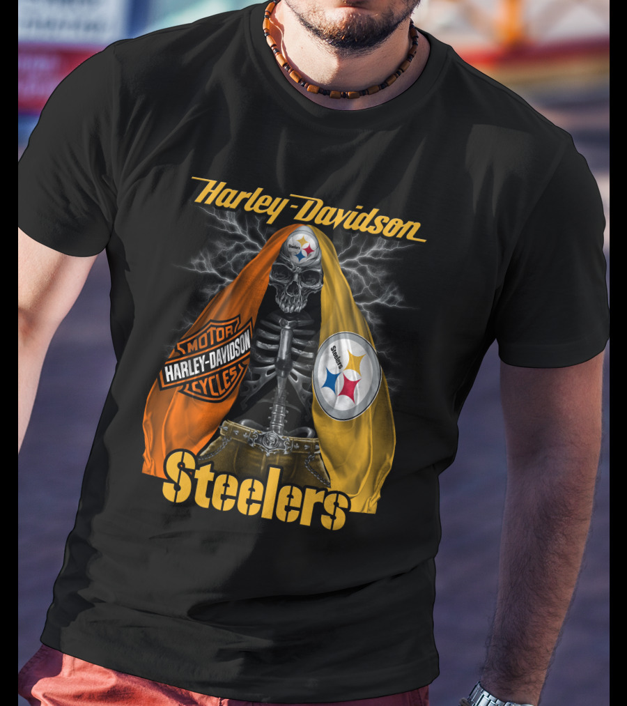 Harley Davidson Steelers Motorcycles Skull With Lightning T-Shirt
