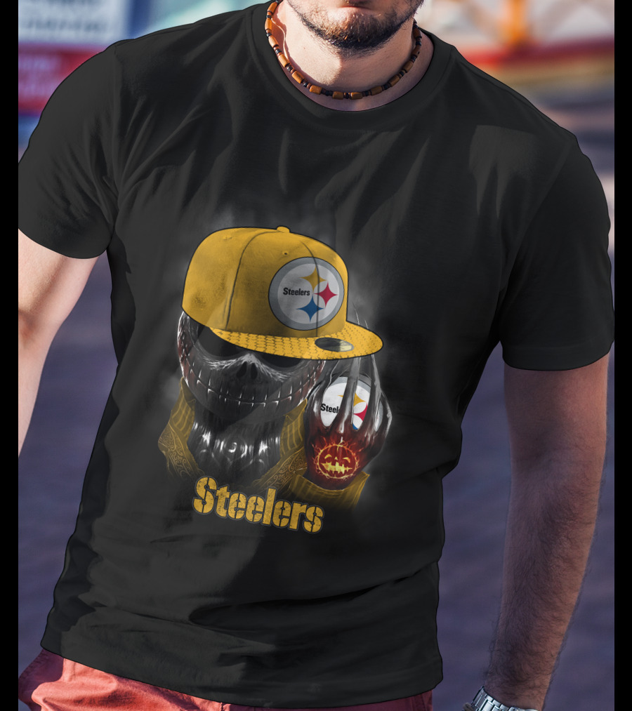 Steelers Skull With Yellow Cap And Pumpkin-Hand T-Shirt