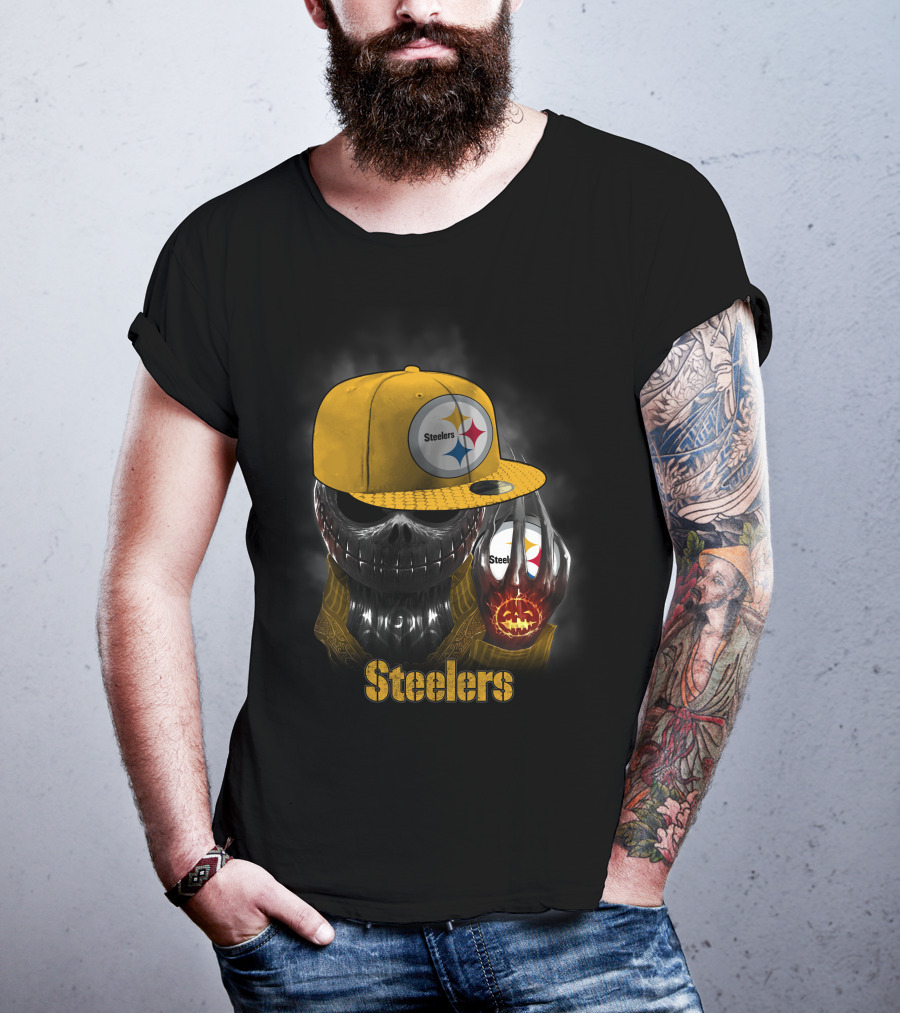 Steelers Skull With Yellow Cap And Pumpkin-Hand T-Shirt