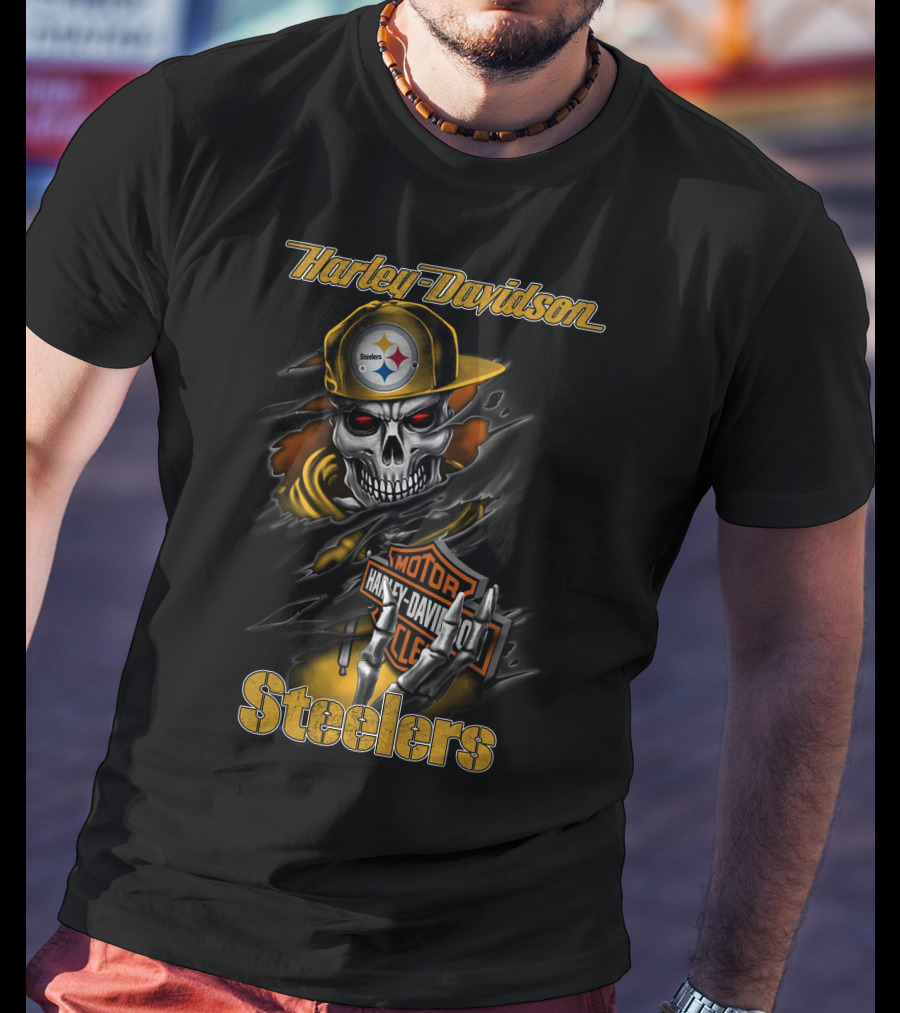 Harley Davidson Pittsburgh Steelers Skeleton Moto Nfl T-Shirt