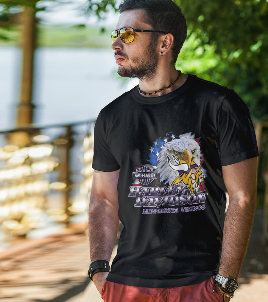 Harley Davidson Minnesota Vikings Nfl Eagles American Flag T-Shirt