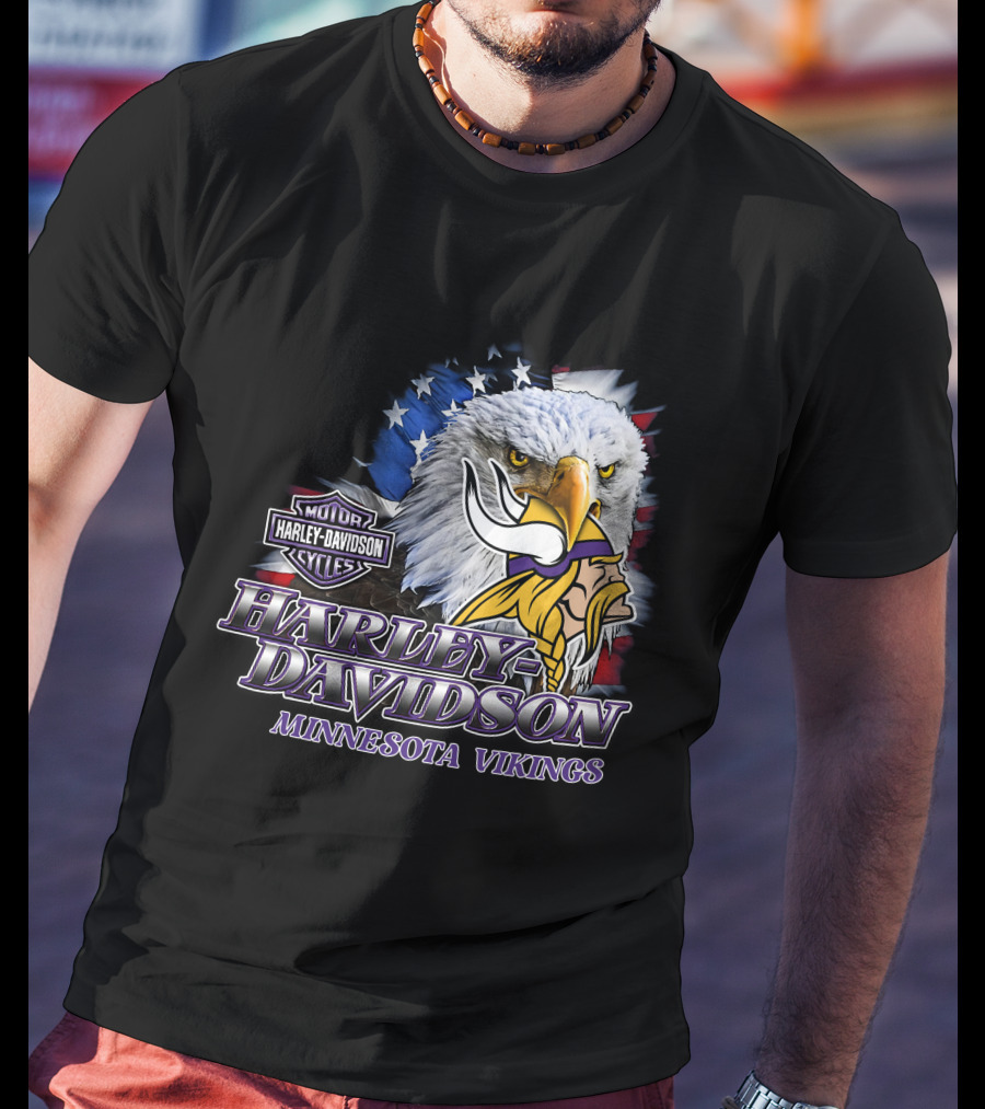 Harley Davidson Minnesota Vikings Nfl Eagles American Flag T-Shirt