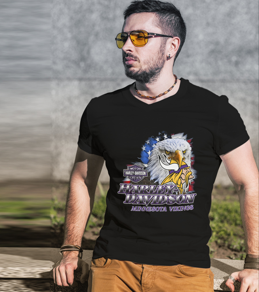 Harley Davidson Minnesota Vikings Nfl Eagles American Flag T-Shirt