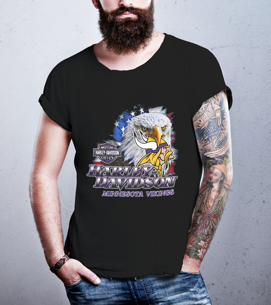 Harley Davidson Minnesota Vikings Nfl Eagles American Flag T-Shirt