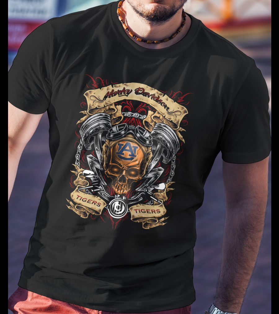 Harley Davidson Auburn Tigers Ncaa Skull And Engine T-Shirt