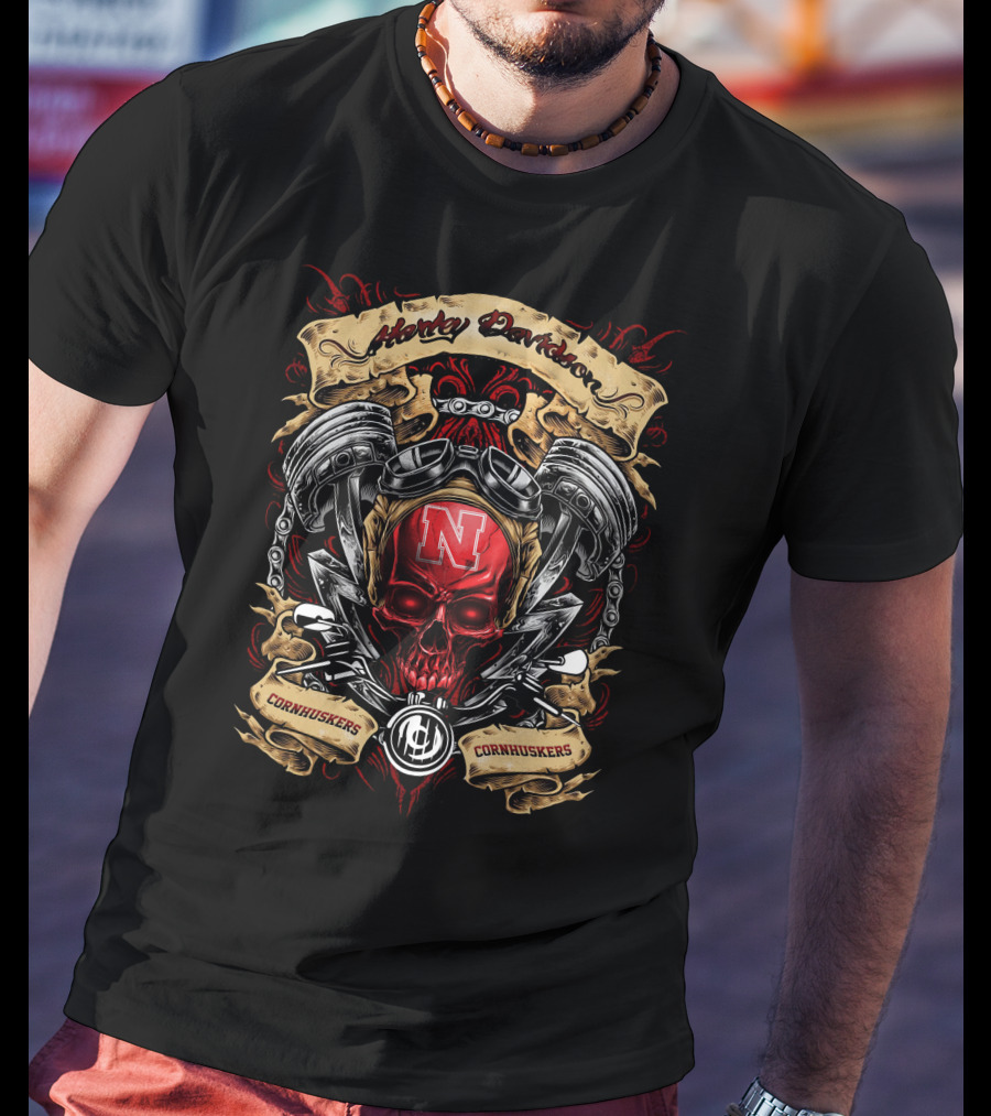 Harley Davidson Nebraska Cornhuskers Ncaa Skull Engine T-Shirt