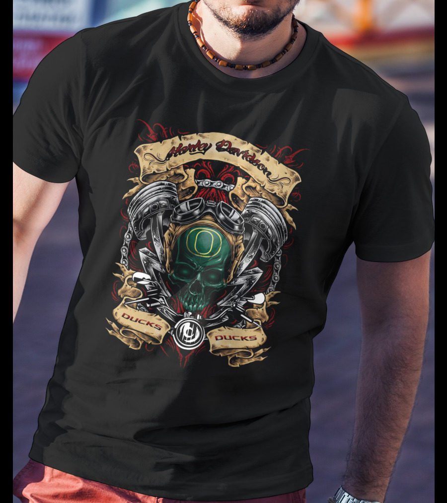 Harley Davidson Oregon Ducks Ncaa Skull Biker Helmet T-Shirt