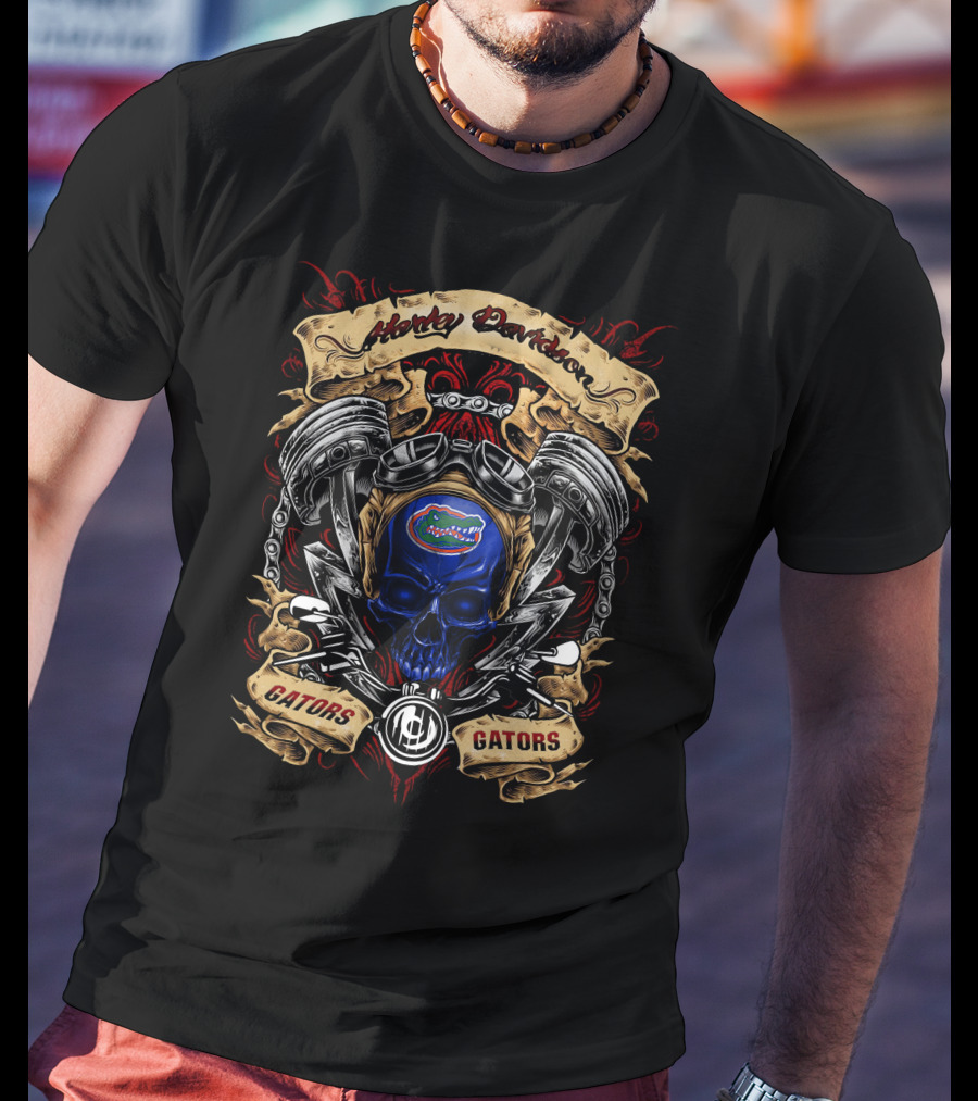 Harley Davidson Florida Gators Ncaa Blue Skull Engine T-Shirt