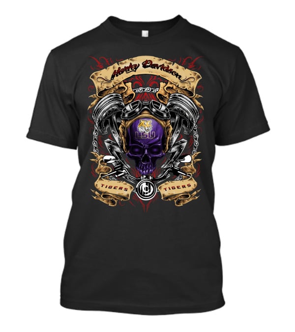 Harley Davidson Lsu Tigers Ncaa Skull Engine Artwork T-Shirt