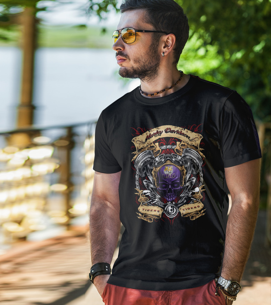 Harley Davidson Lsu Tigers Ncaa Skull Engine Artwork T-Shirt