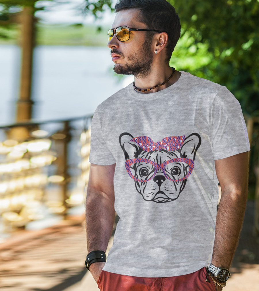 Bulldog With Northwestern Wildcats Pattern Glasses And Bow T-Shirt