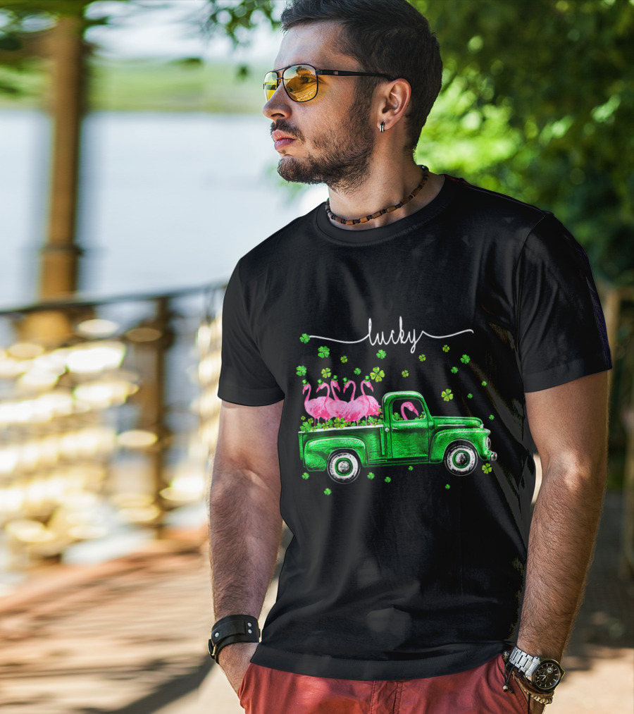 Lucky Flamingo Green Truck With Shamrocks T-Shirt