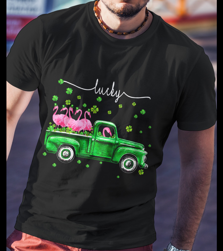 Lucky Flamingo Green Truck With Shamrocks T-Shirt