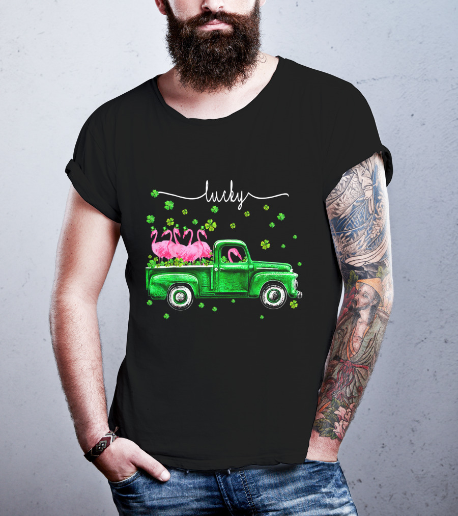 Lucky Flamingo Green Truck With Shamrocks T-Shirt