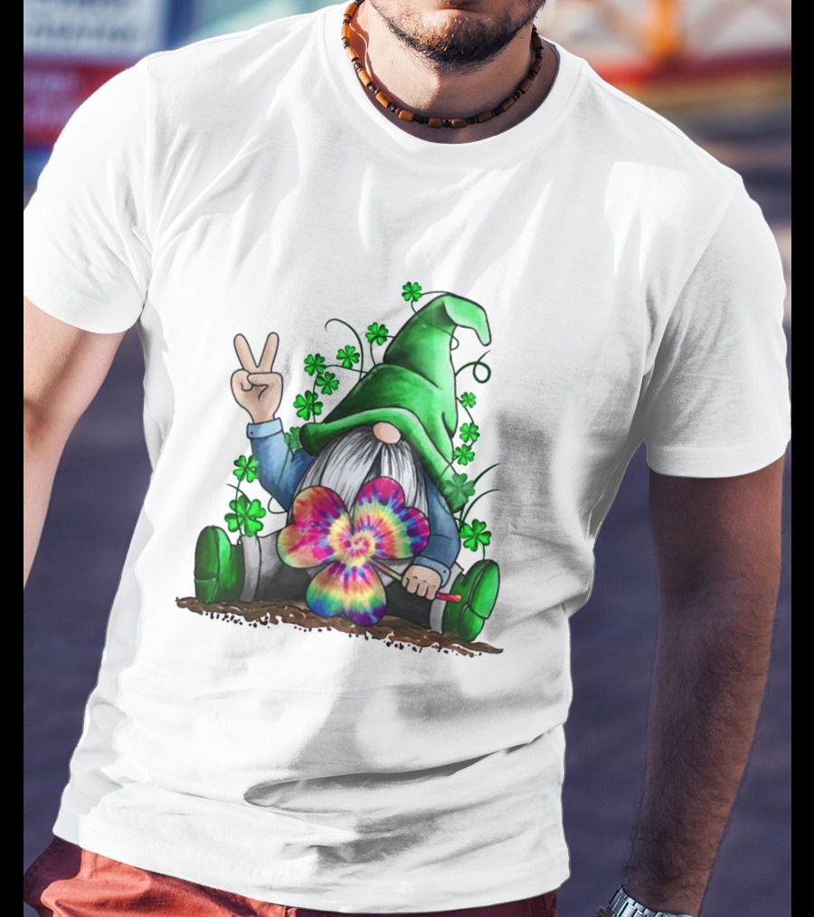 Shamrock Hippie Gnome Peace Sign Tie-Dye Clover Saint Patrick's Day T-Shirt