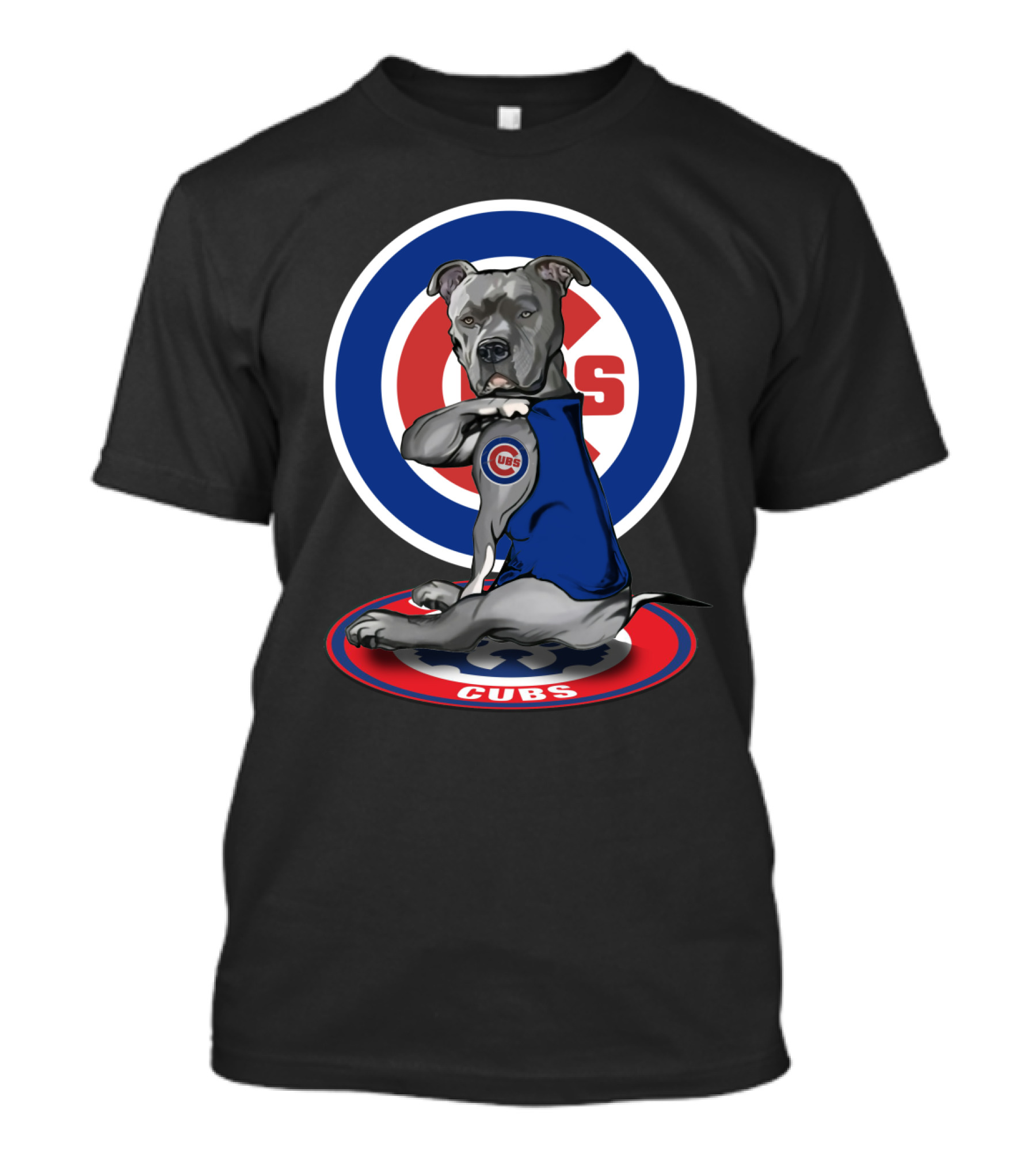 Cubs Pitbull Wearing Blue Jersey With Logo And Circular Emblem T-Shirt