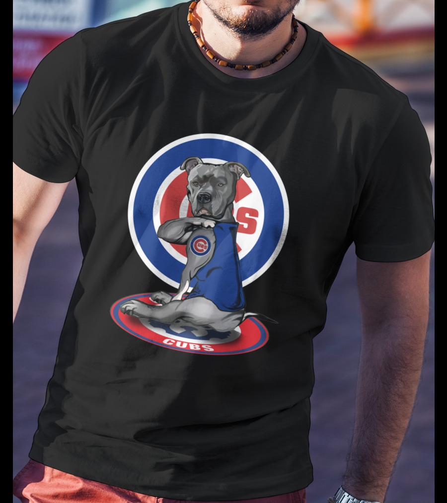 Cubs Pitbull Wearing Blue Jersey With Logo And Circular Emblem T-Shirt