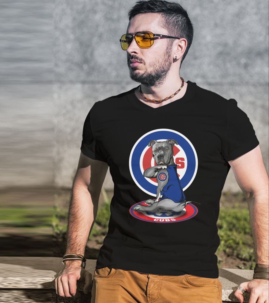 Cubs Pitbull Wearing Blue Jersey With Logo And Circular Emblem T-Shirt