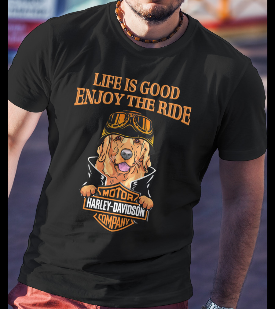 Life Is Good Enjoy The Ride Harley Davidson Golden Retriever Moto Style T-Shirt