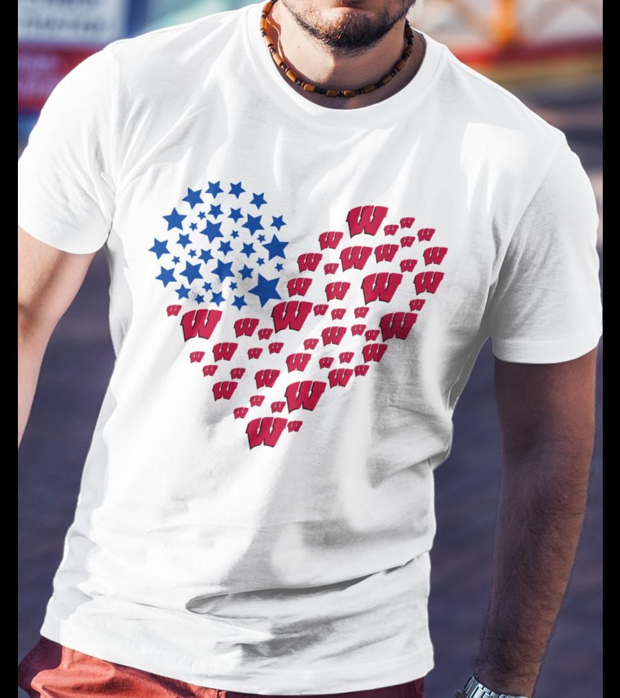Wisconsin Badgers Heart Blue Stars Red W T-Shirt