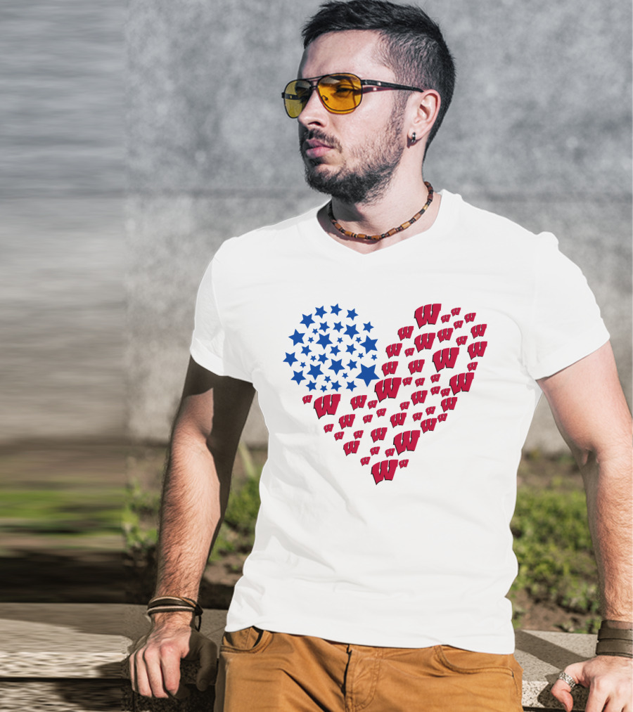 Wisconsin Badgers Heart Blue Stars Red W T-Shirt