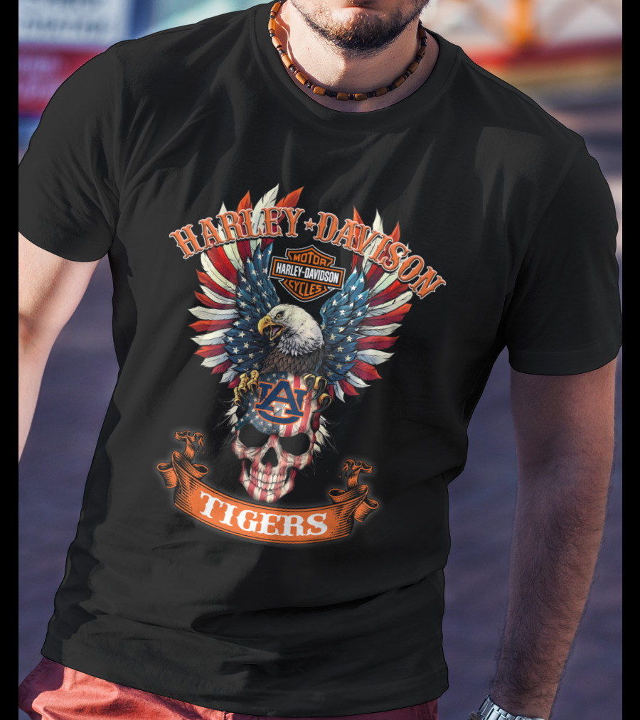 Harley Davidson Motor Cycles Auburn Tigers Bald Eagle Skull Usa Flag T-Shirt