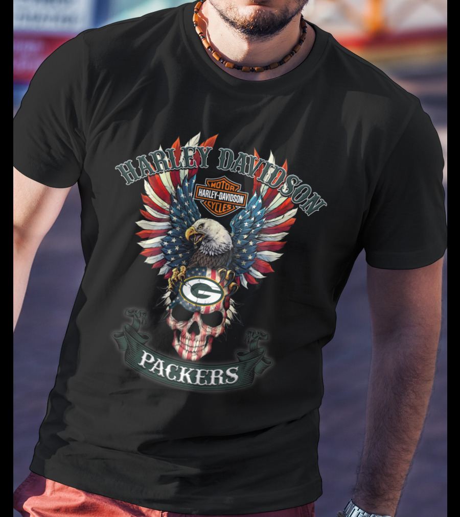 Harley Davidson Motorcycles Packers Nfl Skull Eagle Flag T-Shirt