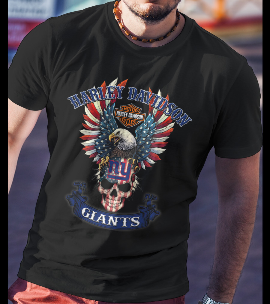 Harley Davidson Motor Cycles Ny Giants Eagle Skull Flag T-Shirt