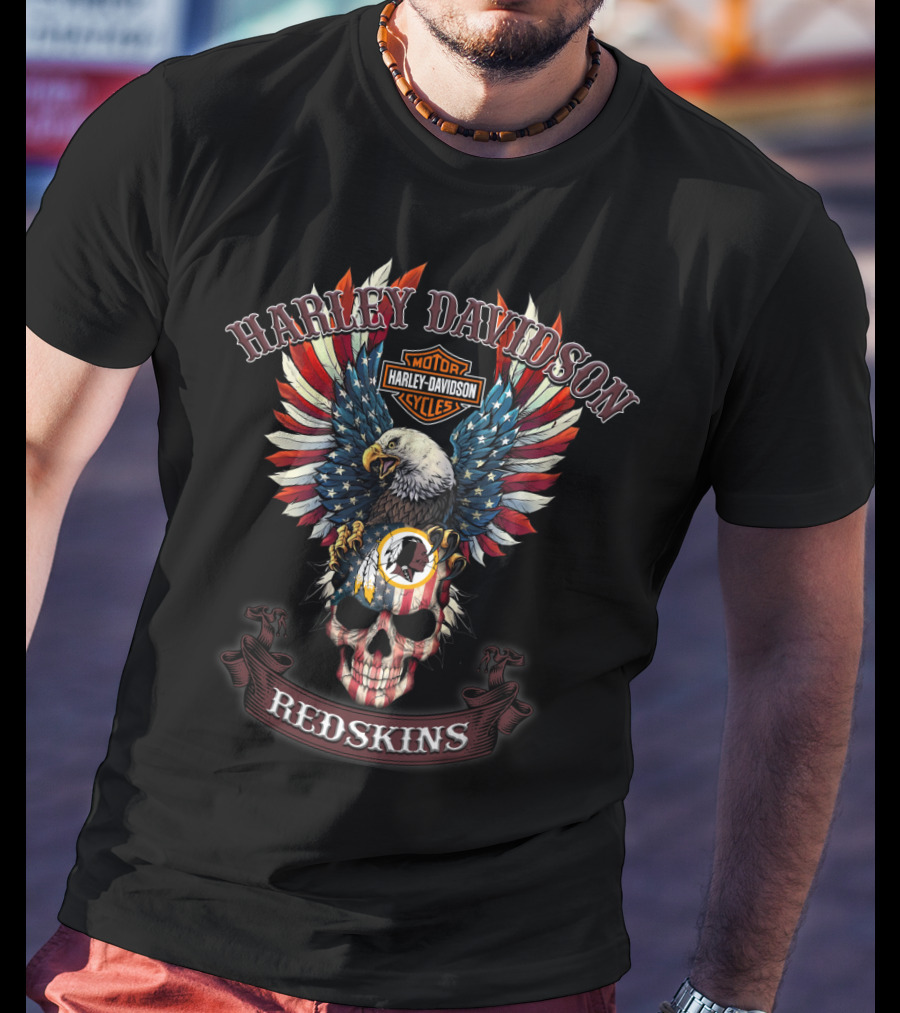 Harley Davidson Motor Cycles Redskins Eagle Skull T-Shirt