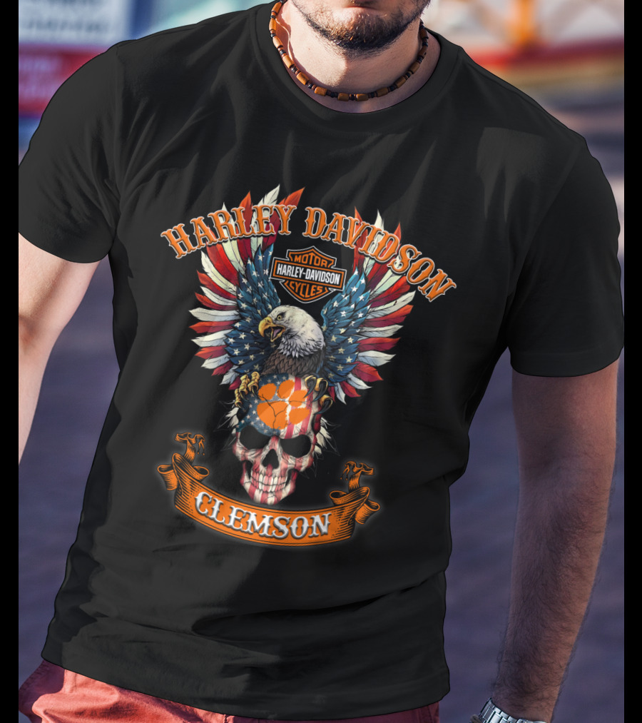 Harley Davidson Motor Cycles Eagle Skull American Flag Clemson T-Shirt