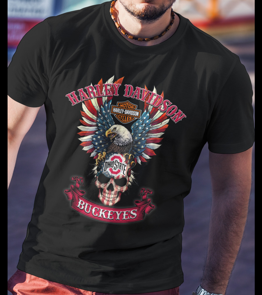 Harley Davidson Motor Cycles Ohio State Buckeyes Eagles Skull T-Shirt