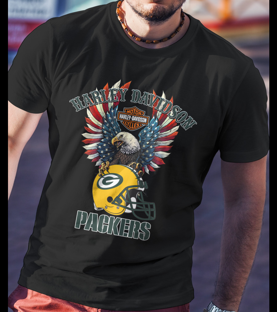 Harley Davidson Motor Cycles Packers Eagle Helmet Flag T-Shirt