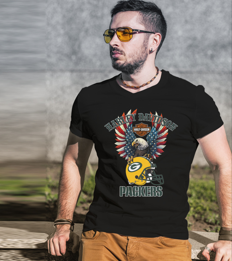 Harley Davidson Motor Cycles Packers Eagle Helmet Flag T-Shirt