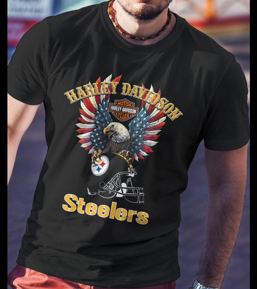 Harley Davidson Motor Cycles Steelers Eagle American Flag T-Shirt
