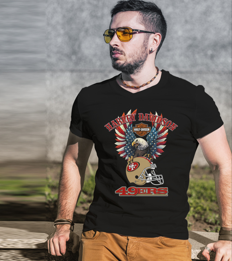Harley Davidson Motor Cycles 49ers Nfl Bald Eagle Helmet T-Shirt