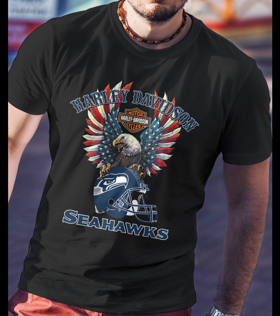 Harley Davidson Motor Cycles Seattle Seahawks Eagle Helmet T-Shirt