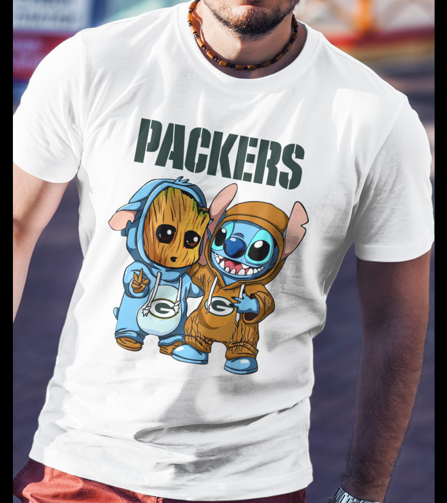 Packers Groot And Stitch Hug Wearing Green Bay Packers Hoodies T-Shirt
