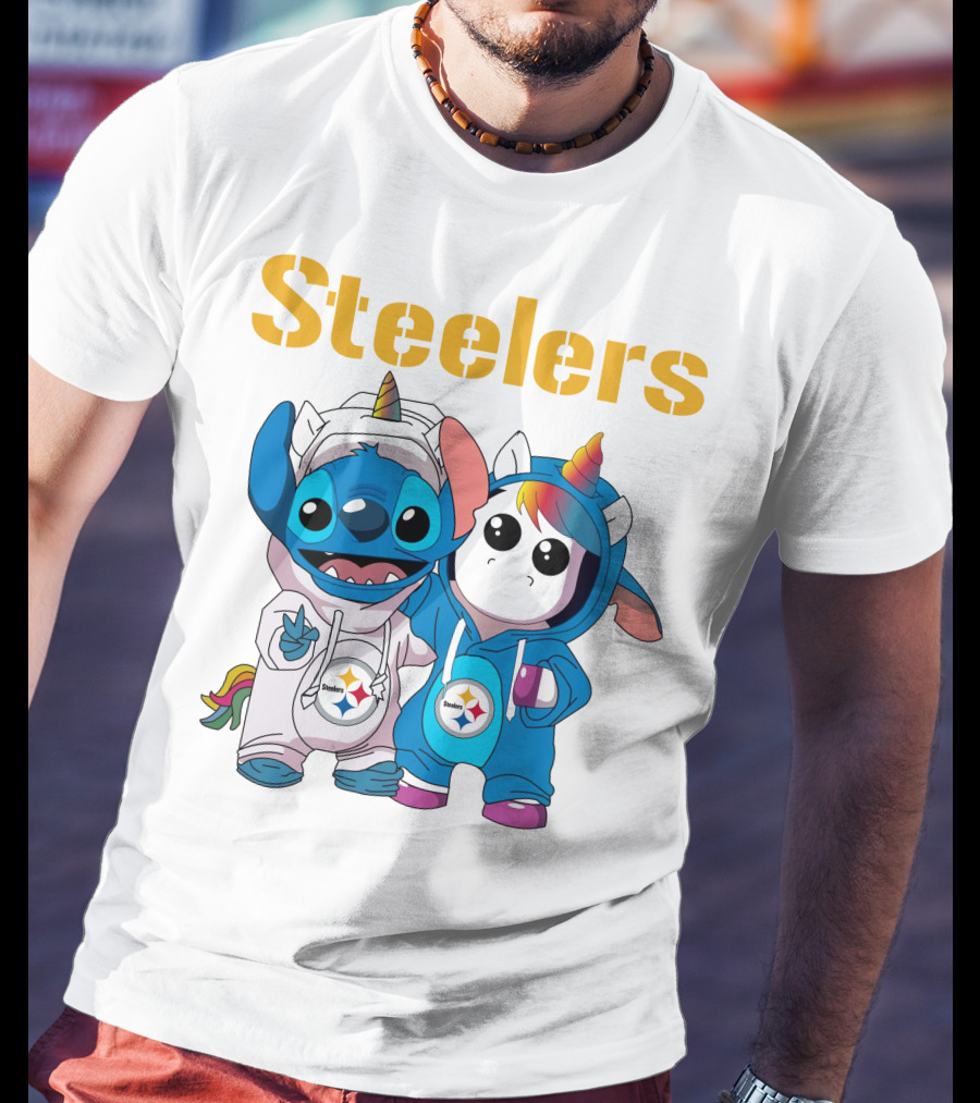 Steelers Stitch And Unicorn Duo With Rainbow Horns T-Shirt