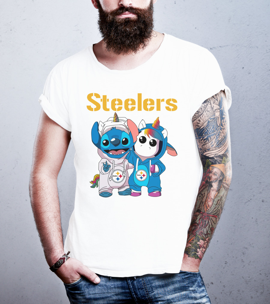 Steelers Stitch And Unicorn Duo With Rainbow Horns T-Shirt