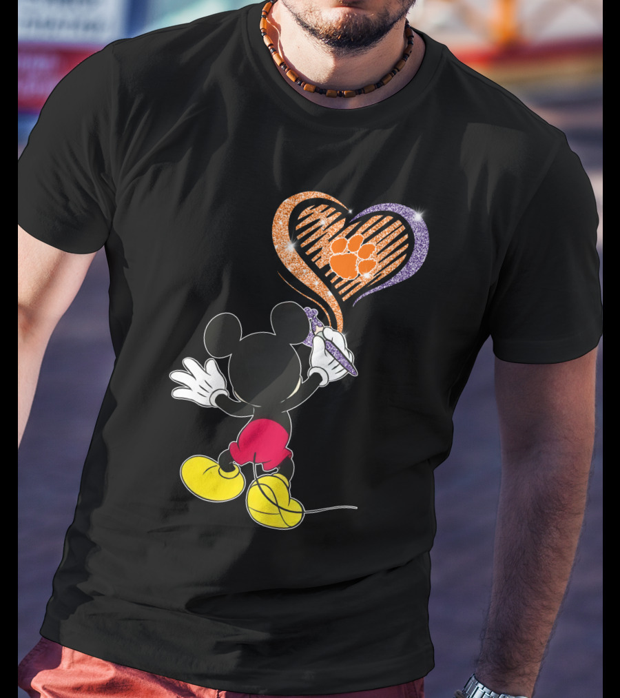 Mickey Painting Clemson Tigers Paw In Heart Shape T-Shirt