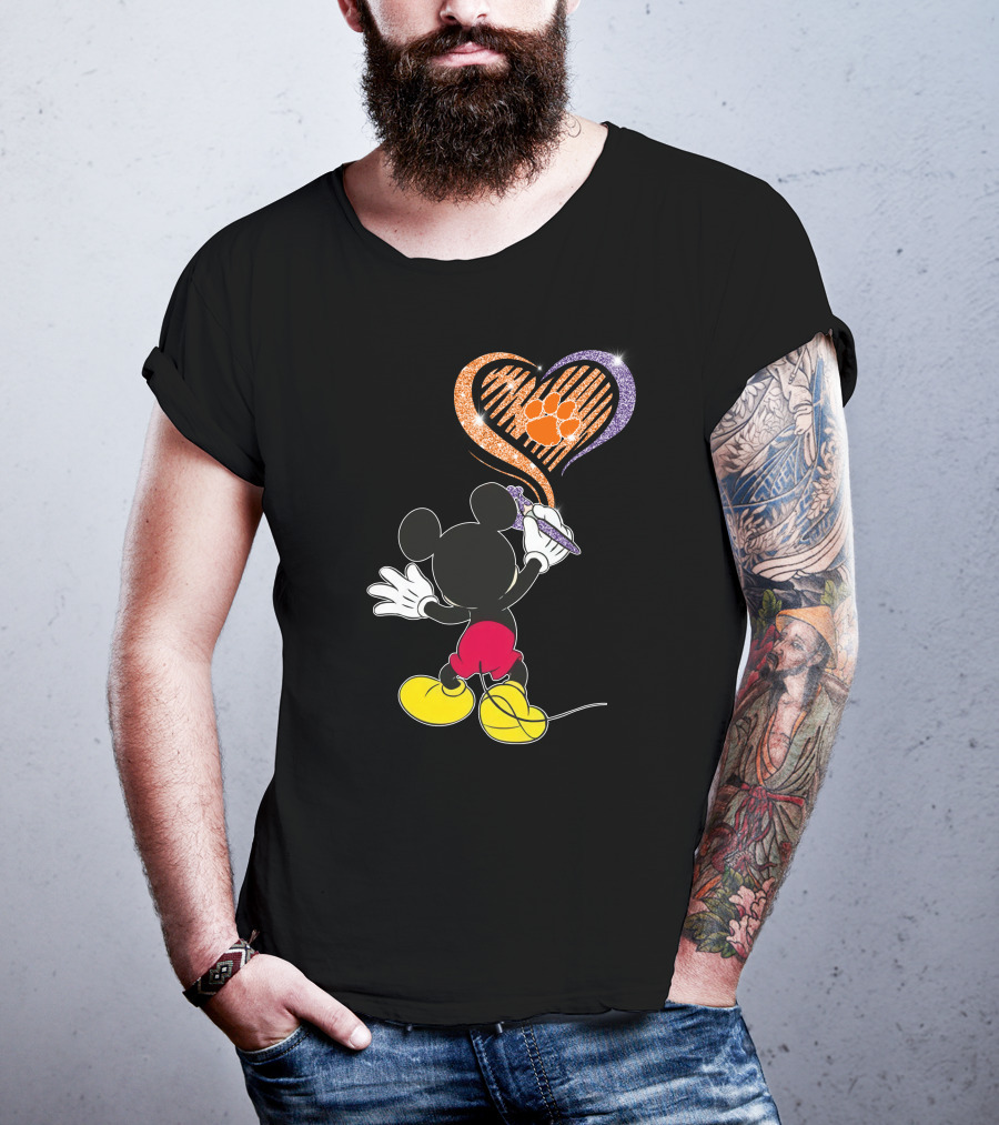 Mickey Painting Clemson Tigers Paw In Heart Shape T-Shirt