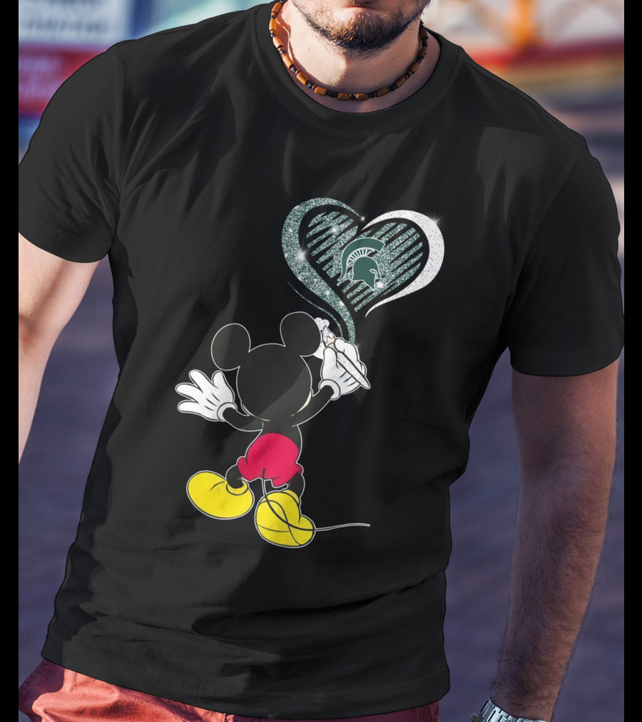 Mickey Mouse Drawing Heart Michigan State Spartans T-Shirt