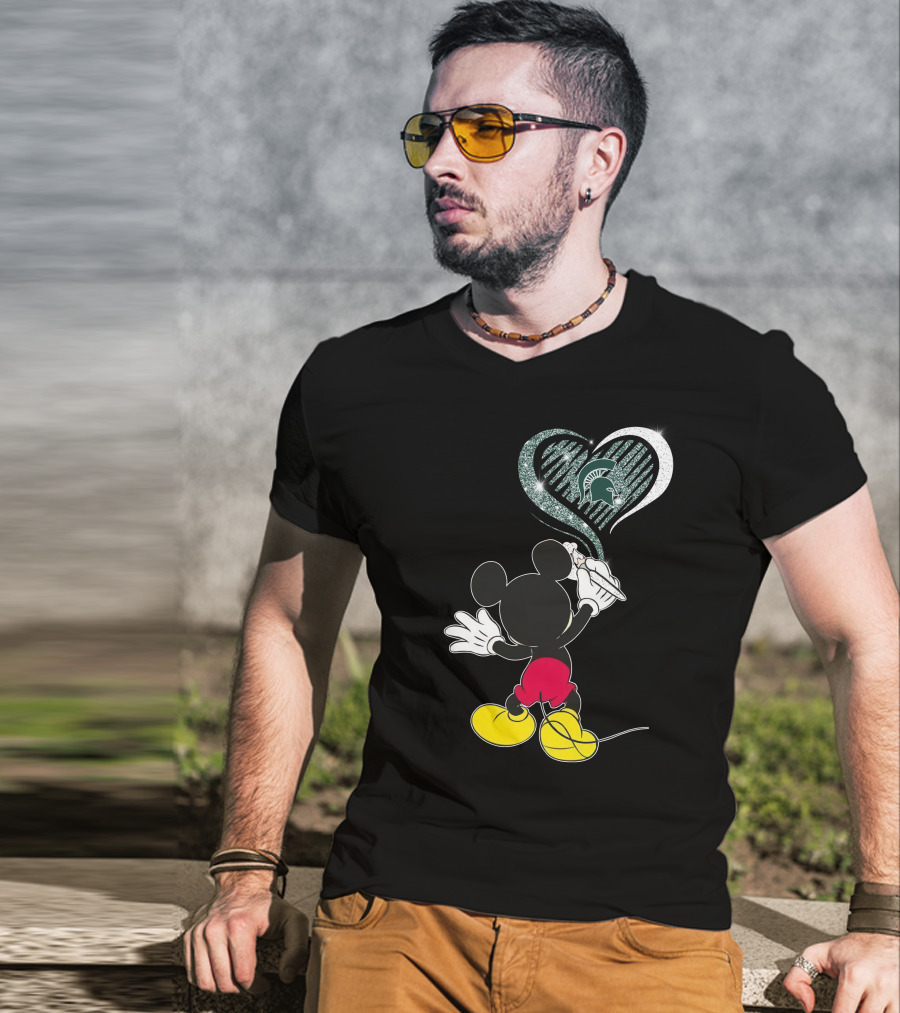 Mickey Mouse Drawing Heart Michigan State Spartans T-Shirt