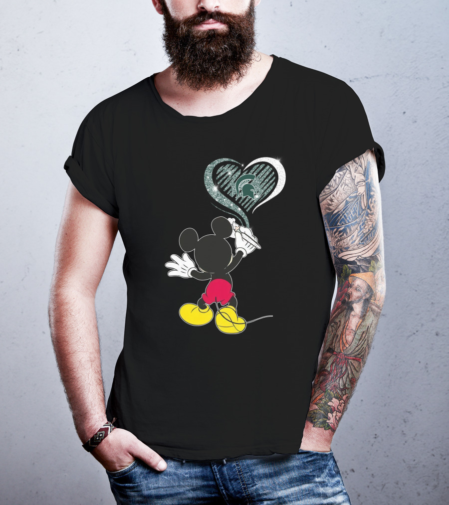Mickey Mouse Drawing Heart Michigan State Spartans T-Shirt